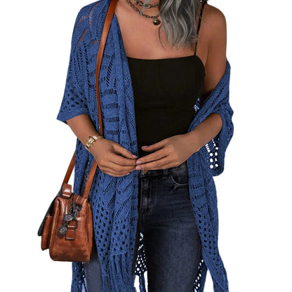 🏖️ Sommer-Sale 60% Rabatt 🏝️Boho Strick Cardigan mit Fransen ✨Damen durchscheinender Lochstrick Überwurf | atmungsaktiver Sommer Strickjacke für Alltag & Abendoutfit