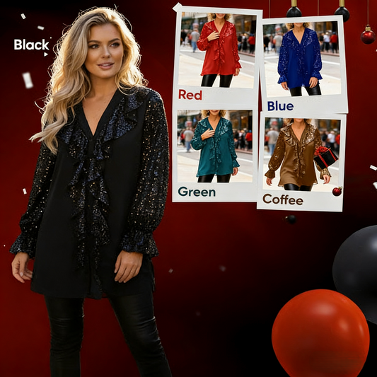 💃Langärmliges Chiffon-Shirt mit V-Ausschnitt und Pailletten für Damen🎁