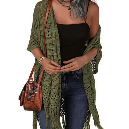🏖️ Sommer-Sale 60% Rabatt 🏝️Boho Strick Cardigan mit Fransen ✨Damen durchscheinender Lochstrick Überwurf | atmungsaktiver Sommer Strickjacke für Alltag & Abendoutfit