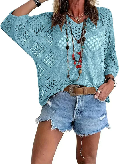 🏖️ Sommer-Sale 60% Rabatt 🏝️👚Damen Boho Häkeloberteil mit V-Ausschnitt | Luftiges Lochstrick Shirt für den Sommer✨