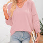 🔥Letzter Tag: 60% Rabatt!⏰👚Damen 3/4 Laterne Ärmel Casual V-Ausschnitt T-Shirts plizierte lose Hohlbluse