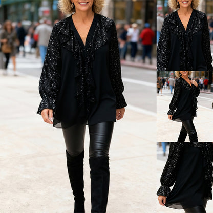 💃Langärmliges Chiffon-Shirt mit V-Ausschnitt und Pailletten für Damen🎁