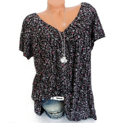 🔥Letzter Tag: 60% Rabatt!⏰👚Damen Kurzarmbluse mit Frühlingsblumenprint: V-Ausschnitt & lockere Passform🎁