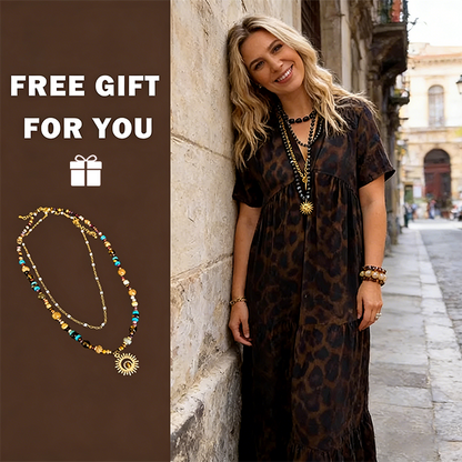 💞Neuankunft 60% Rabatt👗Damen V-Ausschnitt Leopard Druck Maxi Kleid mit kostenloser Halskette📿💎