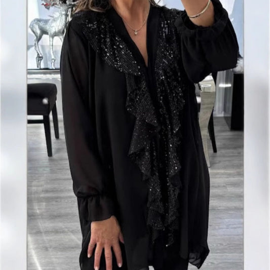 💃Langärmliges Chiffon-Shirt mit V-Ausschnitt und Pailletten für Damen🎁