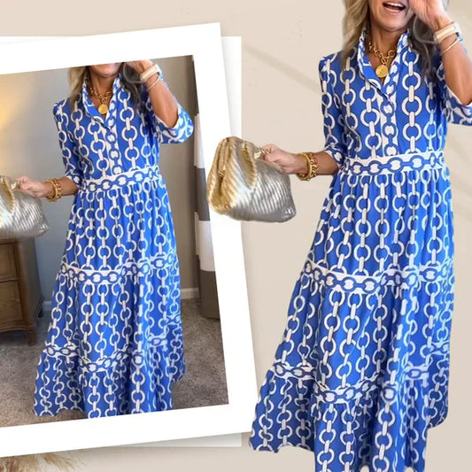 ⏰Letzter Tag: 60% Rabatt! 🌸👗Maxikleid für Damen mit Geometrischem Print & V-Ausschnitt – Figurbetont, Leichter Stoff & Perfekt Für Frühling & Sommer ☀️