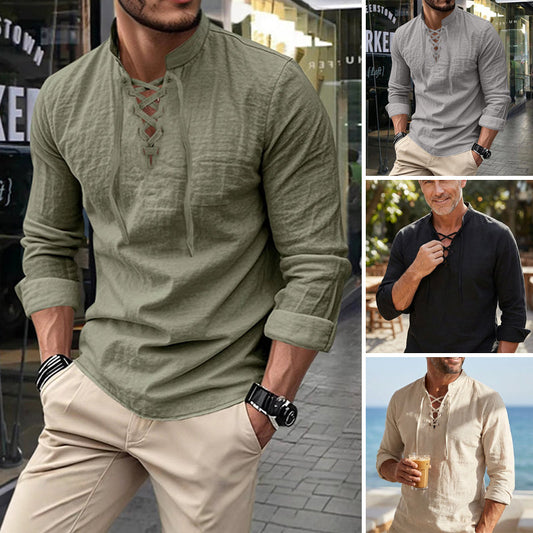 🏴‍☠️ Herren Vintage Langarmshirt mit V-Ausschnitt – Leinenoptik, Pirat-, Wikinger- & Gothic-Stil aus dem Mittelalter