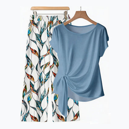 🏖️ Sommer-Sale 60% Rabatt 🏝️💙Damen Lounge-Set mit Bindungs-Top & gemusterter Hose – Bequem, stilvoll & perfekt für zu Hause!
