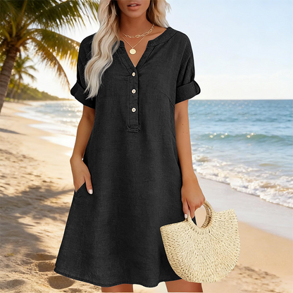 🔥Letzter Tag: 60% Rabatt!⏰👗Rabatt Damen Tunika-Kleid mit V-Ausschnitt & Taschen 🌊 Lässiges Kleid in Leinenoptik für Sommer, Strand & Alltag