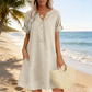 🔥Letzter Tag: 60% Rabatt!⏰👗Rabatt Damen Tunika-Kleid mit V-Ausschnitt & Taschen 🌊 Lässiges Kleid in Leinenoptik für Sommer, Strand & Alltag