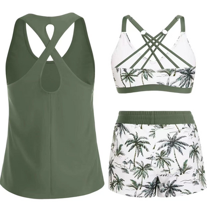 🏖️ Sommer-Sale 60% Rabatt 🏝️👙3-teiliges Badeset – Tankini Top, Neckholder Bikini & Palmenprint Badeshorts, figurfreundlich für Strand & Pool🏊