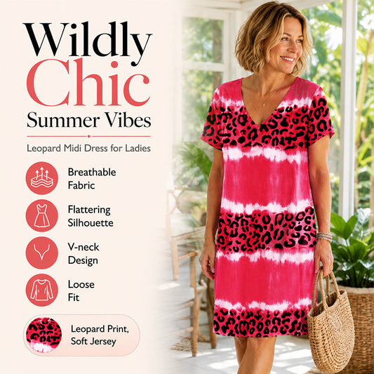 🏖️ Sommer-Sale 50% RABATT 🏝️🐆Damen Leoprint Midi-Kleid mit V-Ausschnitt👗✨